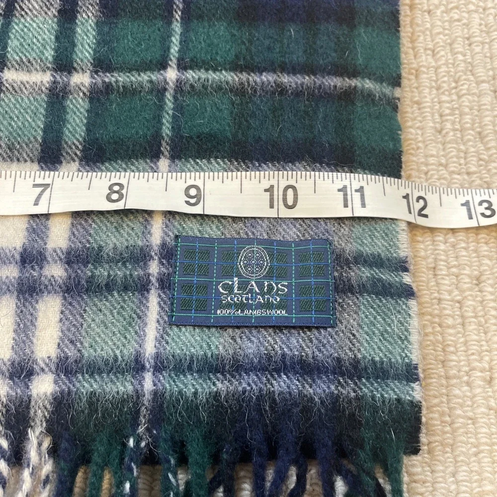 CLANS SCOTLAND 100% Lambswool Plaid Tartan Scarf Green/Navy 12x55